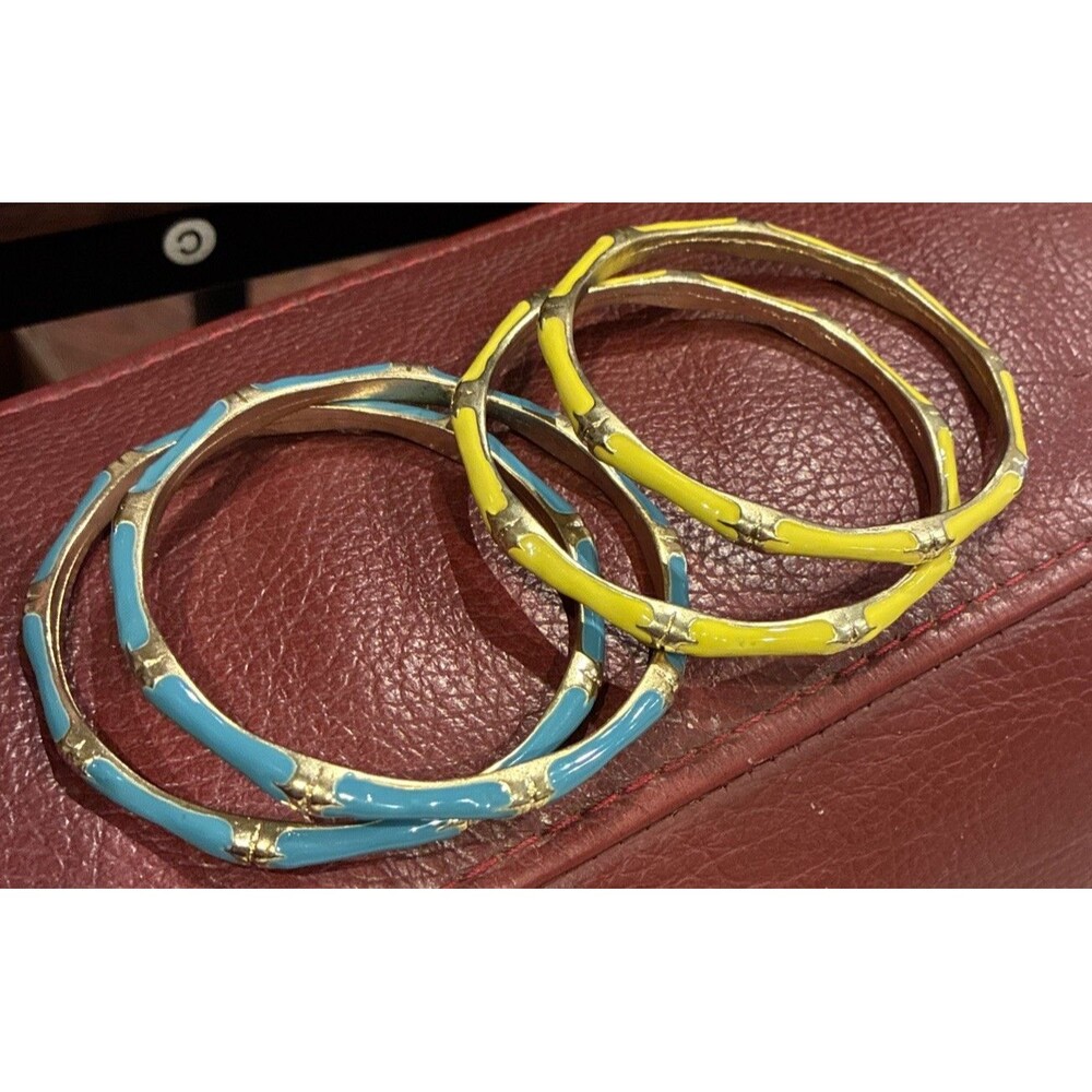 Set of 4 Enamel Bamboo Bangles Gold Tone Turquoise & Yellow Stackable